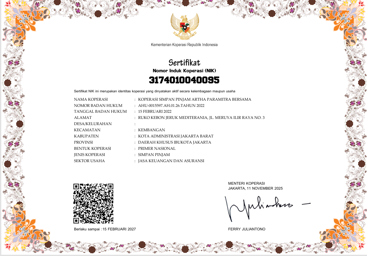 Sertifikat Nomor Induk Koperasi KSP Artha Paramitra Bersama
